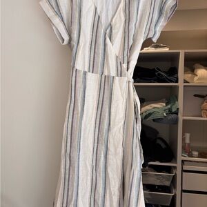 Striped Linen-Blend Wrap Dress in Cream and Blue